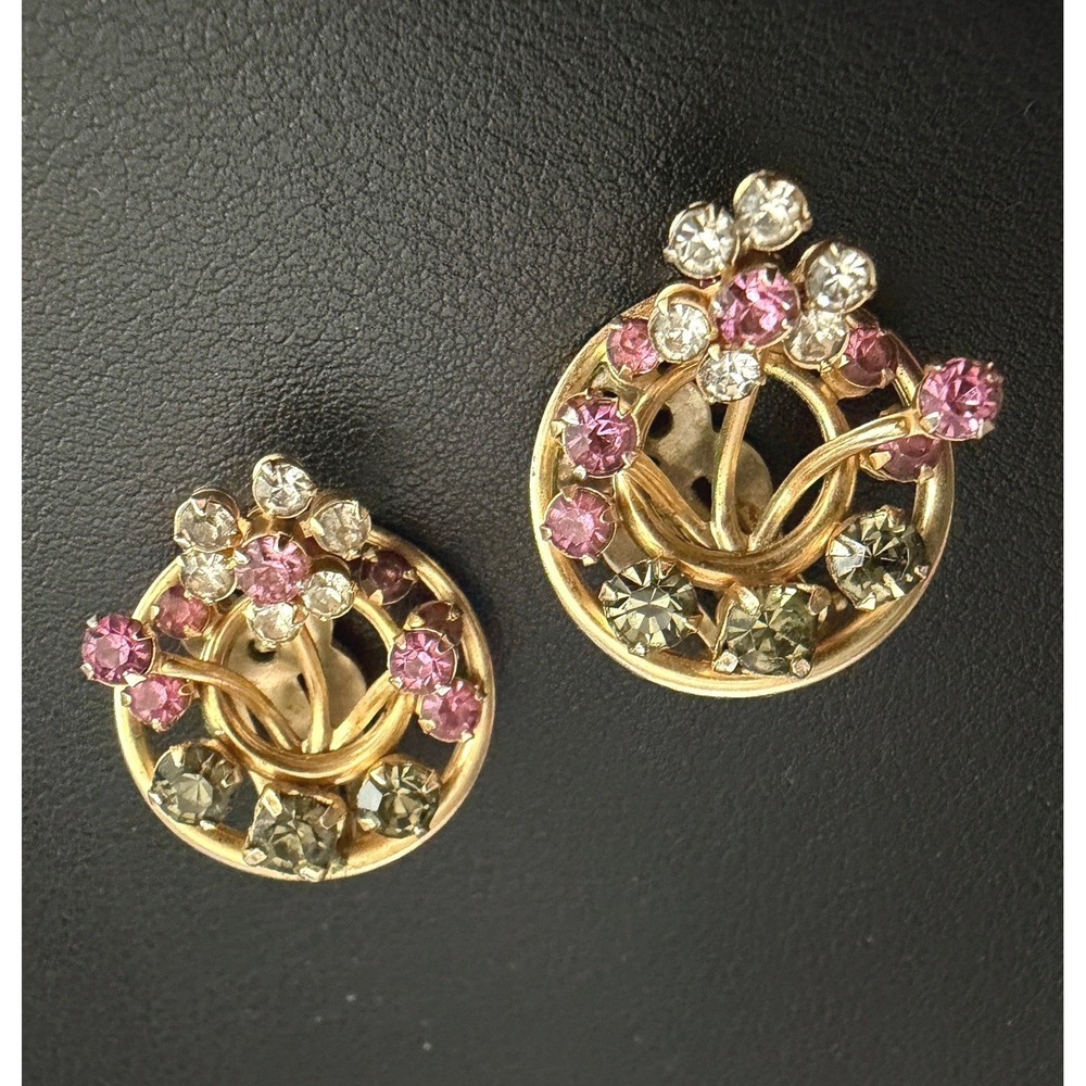 Vintage Hattie Carnegie Rhinestone Earrings Clip Ons Gold Tone Pink READ